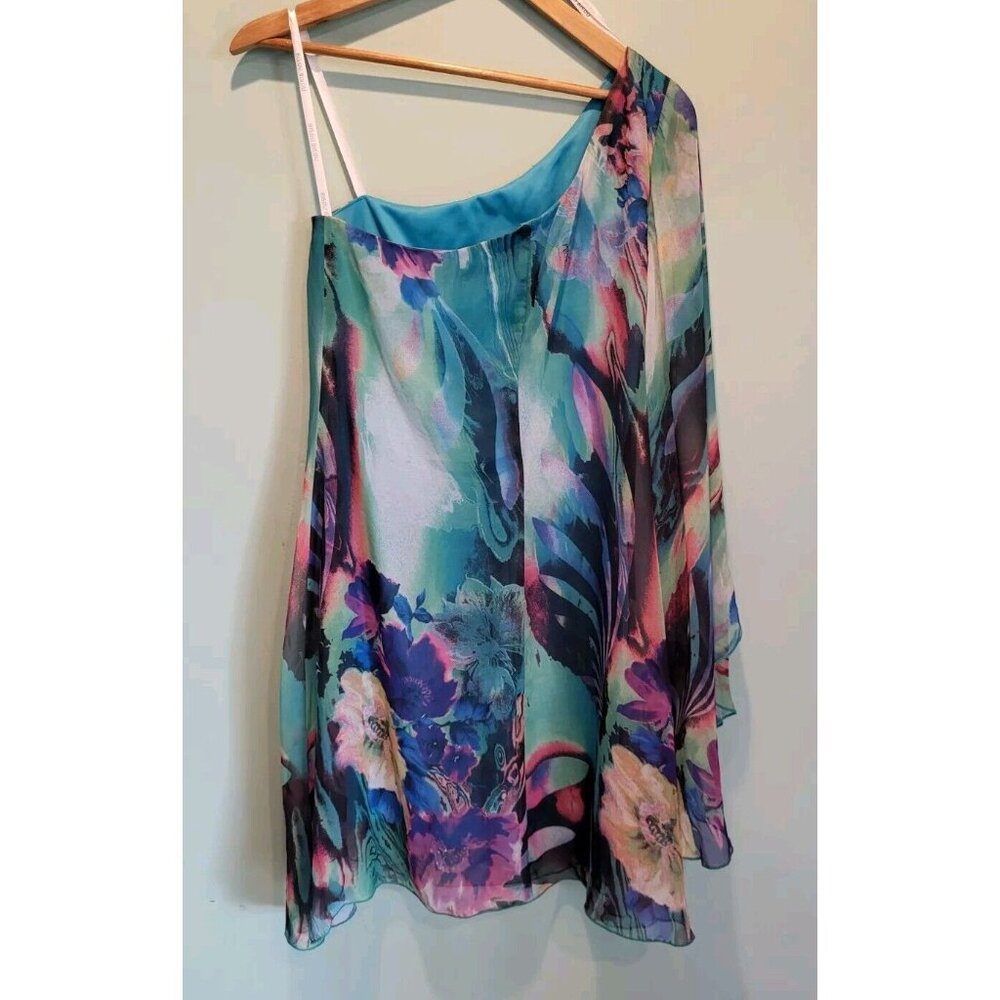 Fairycore Blue Green Chiffon Abstract Floral One Flared Sleeve Flowy Dress Sz 4 - Picture 6 of 8